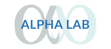 Logo Alpha Lab – symbole infini stylisé avec inscription bleue