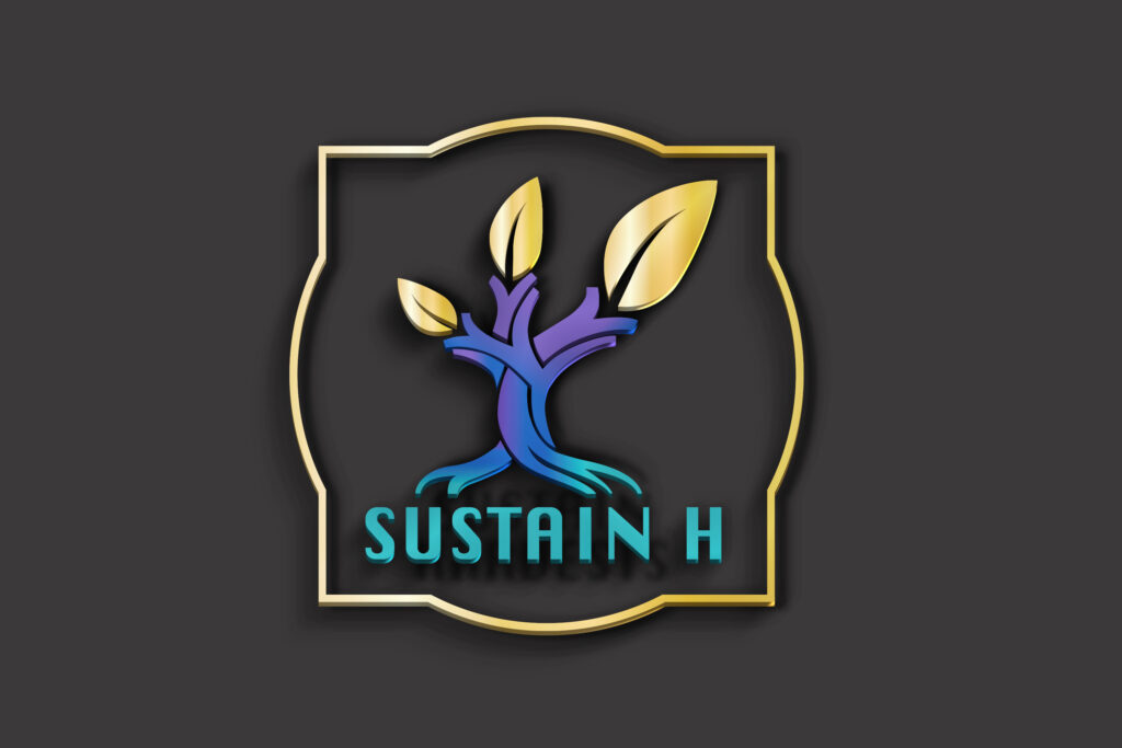 Logo Sustain H : arbre stylisé bleu-violet à feuilles dorées dans un cadre doré